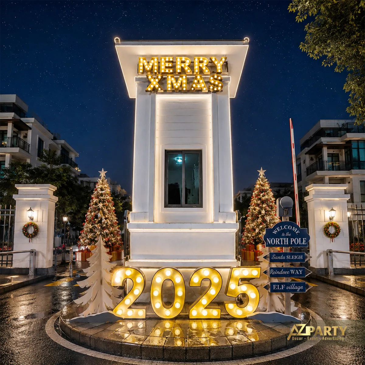 Cổng Noel ban đêm với chữ Merry Xmas, số 2025, cây thông và đèn trang trí