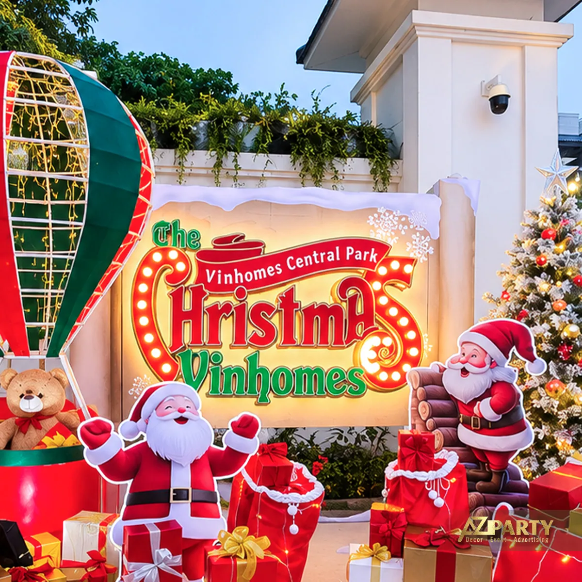 Góc cận cảnh backdrop Noel với khinh khí cầu, Santa, cây thông và các hộp quà
