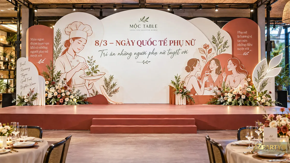 Sân khấu cam đất với hình nữ đầu bếp và bạn bè nâng ly, nền vòm kem cùng các cụm hoa thấp