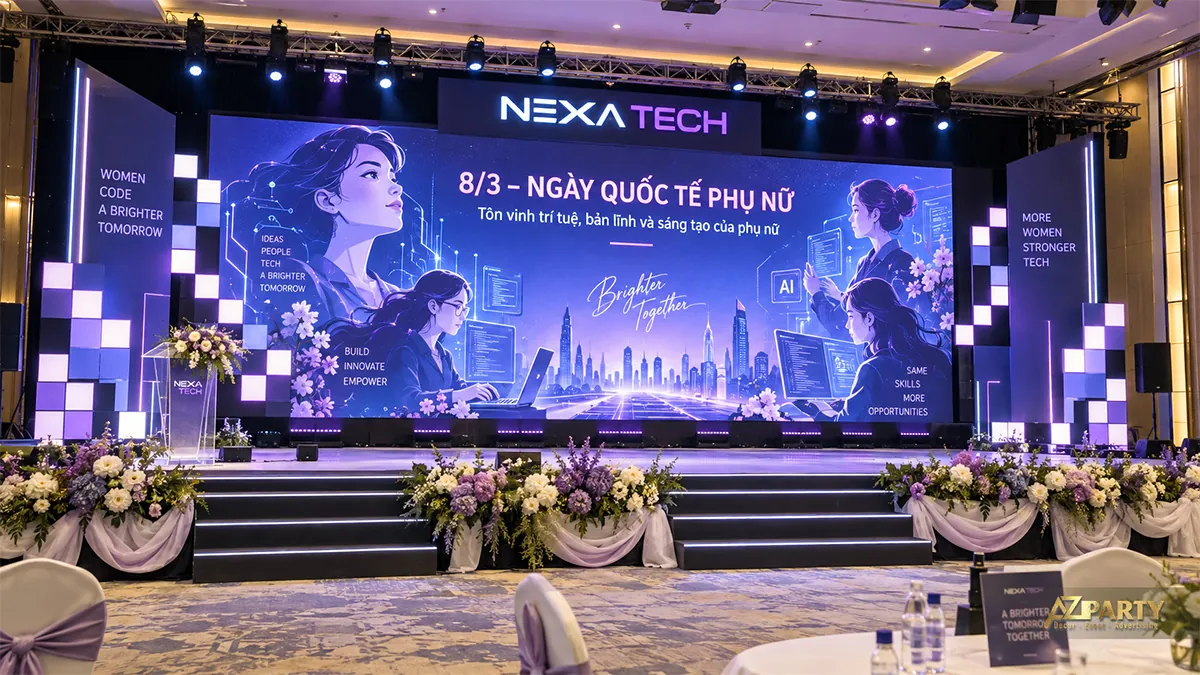 Sân khấu xanh tím với màn hình chủ đề phụ nữ làm công nghệ và các khối trang trí phát sáng hai bên