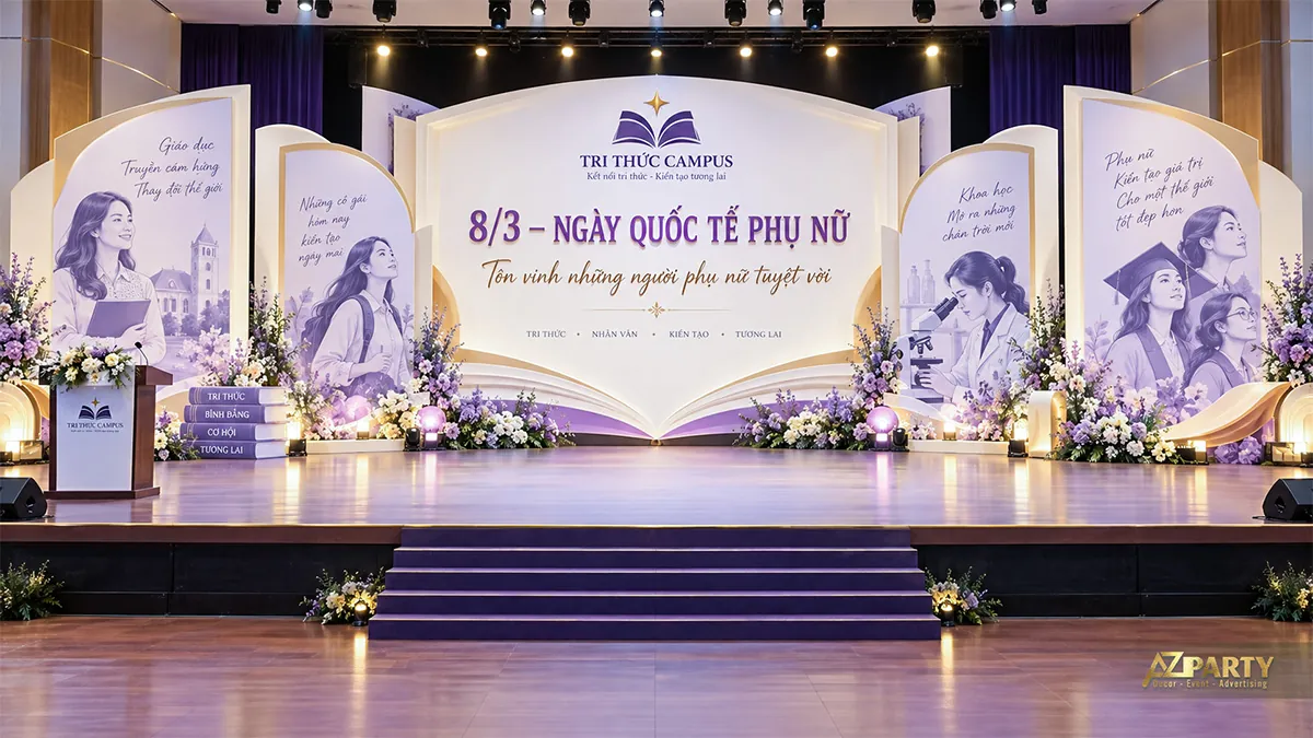 Phông nền như cuốn sách mở, minh họa phụ nữ đọc sách và tốt nghiệp, cụm sách lớn đặt bên trái
