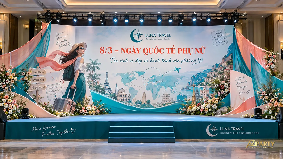 Sân khấu xanh san hô với bản đồ, máy bay, hình phụ nữ kéo vali và bảng chỉ đường bên trái