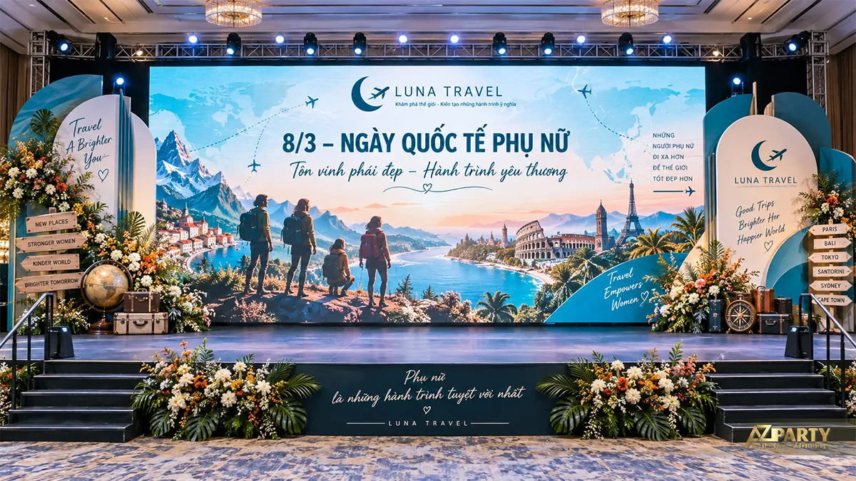 Sân khấu xanh biển với nhóm phụ nữ đi du lịch, quả địa cầu và vali bên trái, bảng chỉ đường bên phải