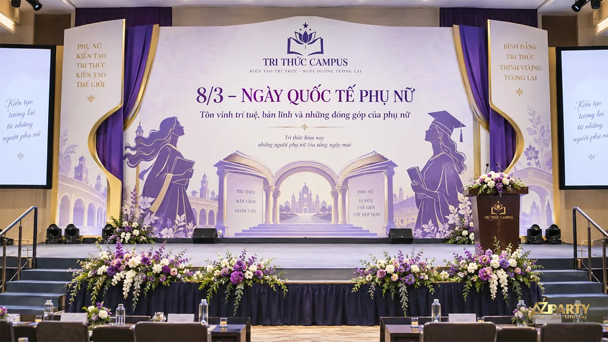 Sân khấu kem tím với khung cuốn sách ở giữa, hình phụ nữ học tập hai bên và bục phát biểu bên phải