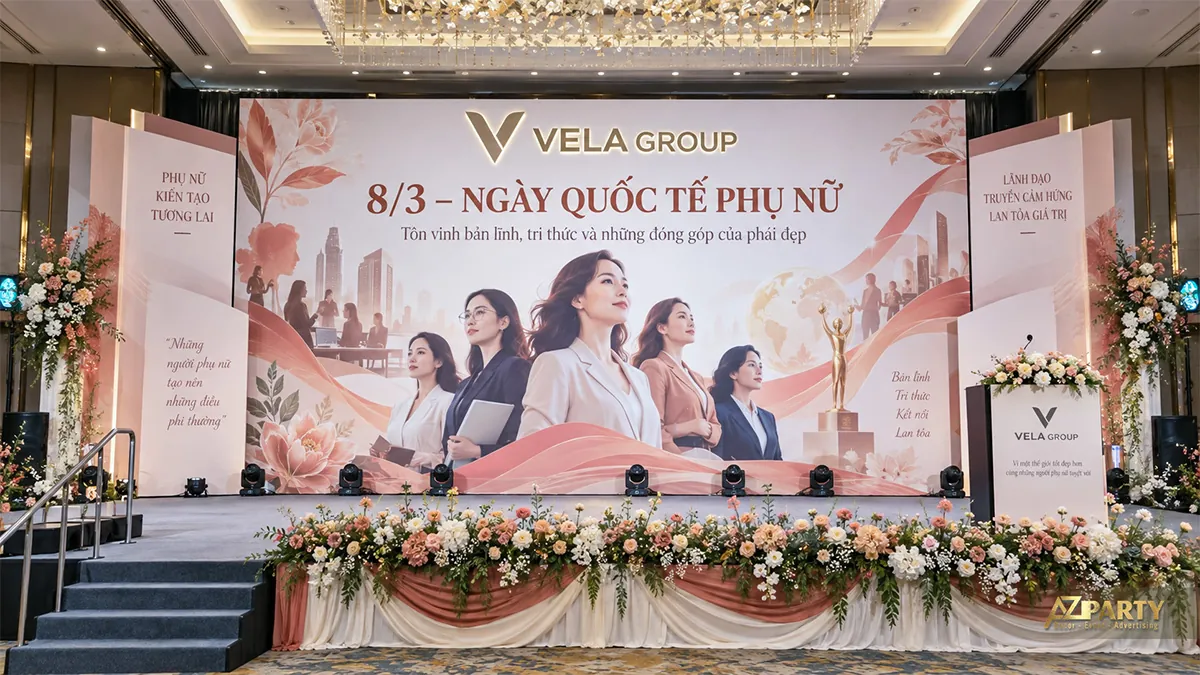 Sân khấu trắng hồng với hình ảnh năm người phụ nữ, bục phát biểu bên phải và hoa dọc mép sàn