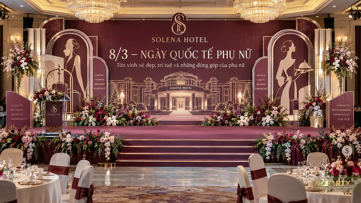 Phông nền khách sạn đỏ vàng với hình nhân viên nữ, xe hành lý bên trái và hoa hai bên bậc lên
