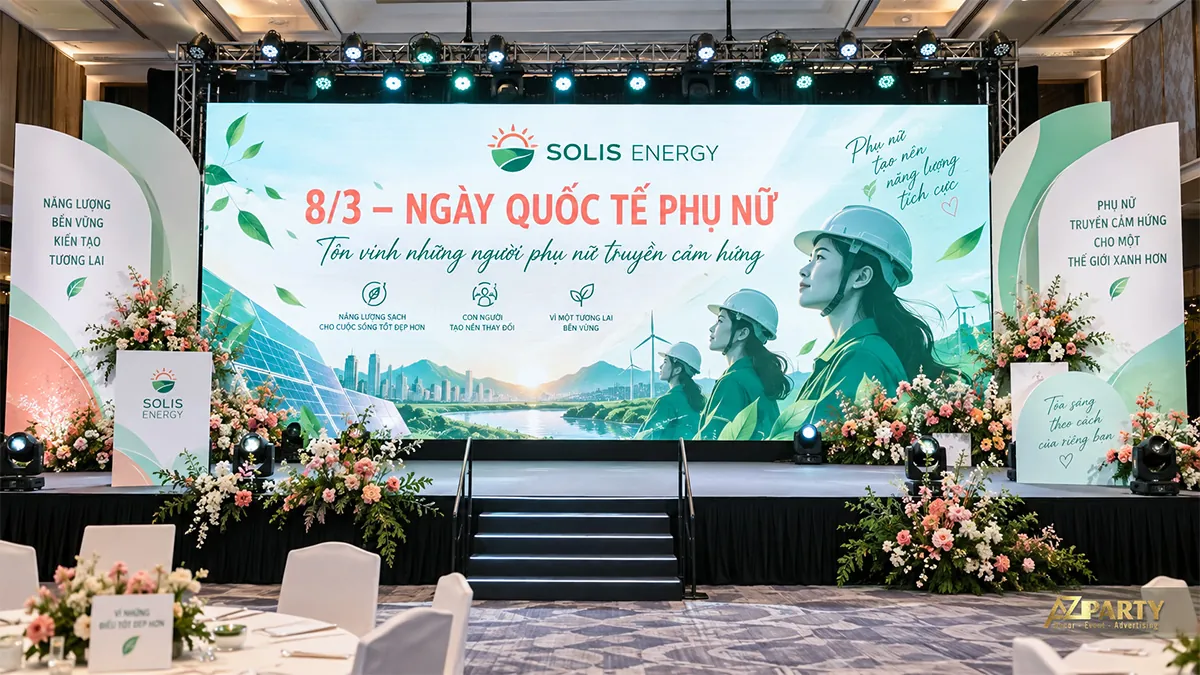 Màn hình xanh trắng có phụ nữ đội mũ bảo hộ, cánh đồng điện mặt trời và tua-bin gió, bậc lên giữa sân khấu