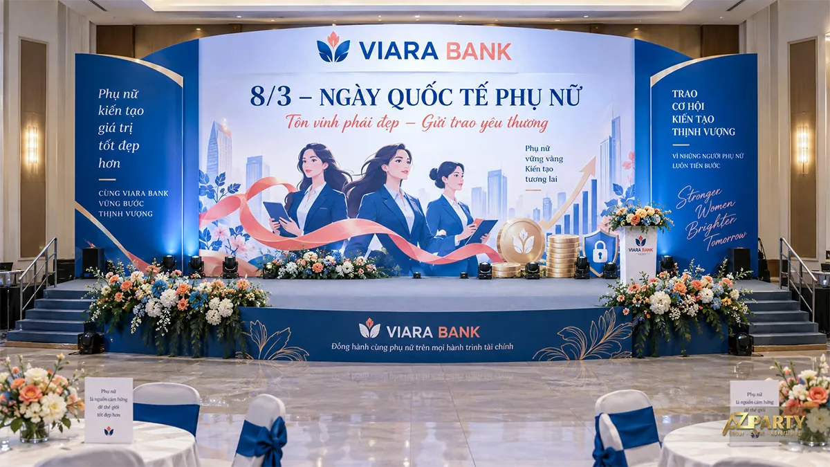 Màn hình xanh trắng minh họa ba phụ nữ công sở, khối đồng xu bên phải và hoa cam trắng phía trước