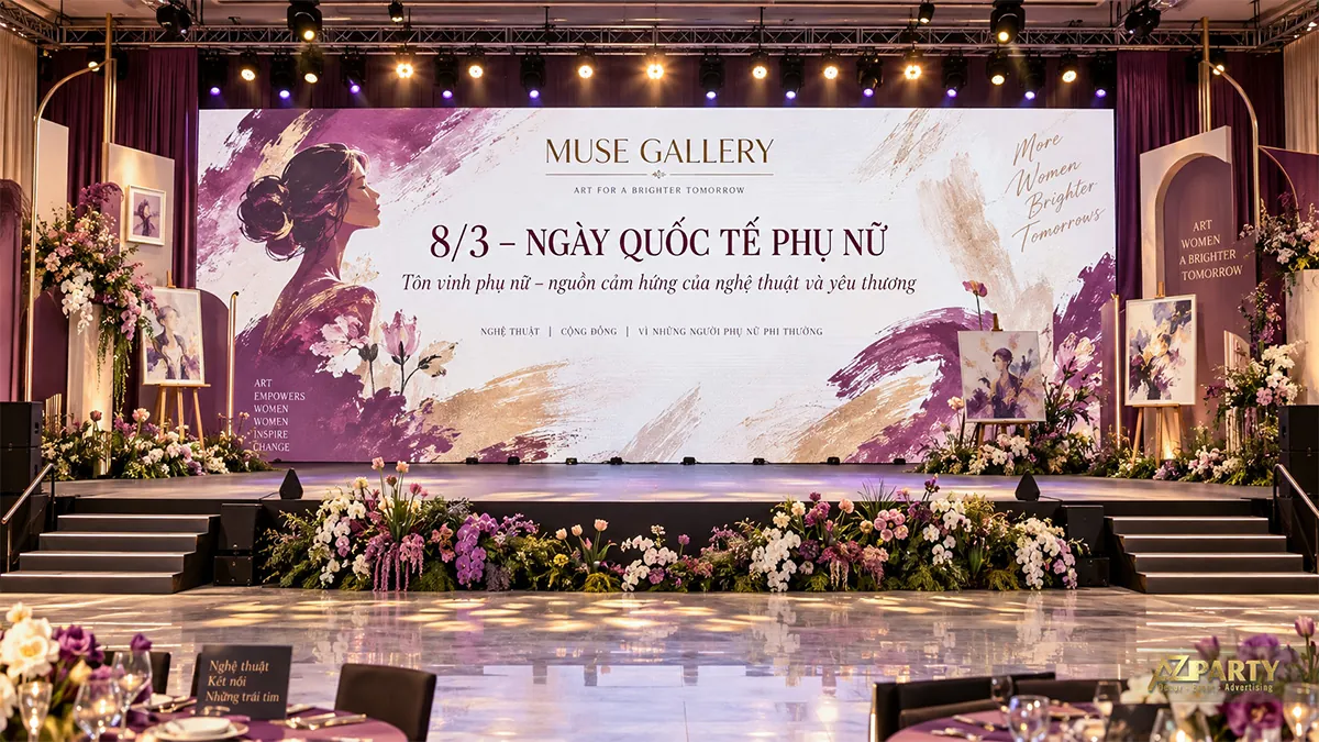 Sân khấu kem tím với chân dung phụ nữ nét cọ, giá tranh hai bên, khung gỗ cong và hoa phía trước
