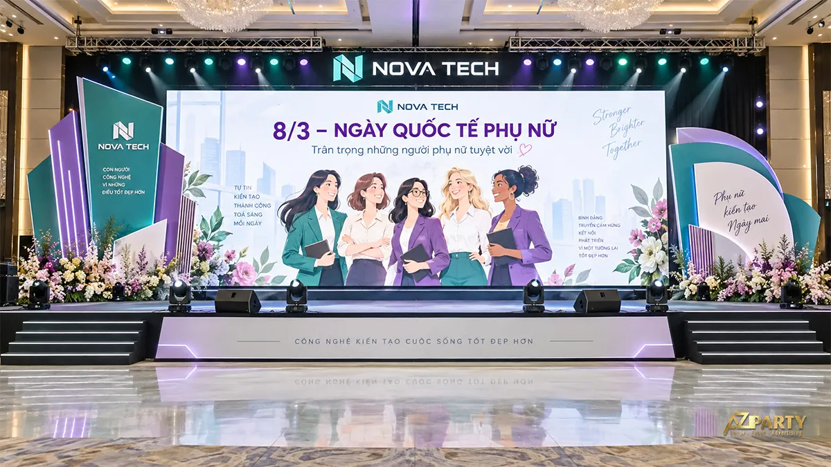 Màn hình trắng xanh minh họa phụ nữ trong công việc, hai cánh sân khấu tím xanh và hoa thấp phía trước
