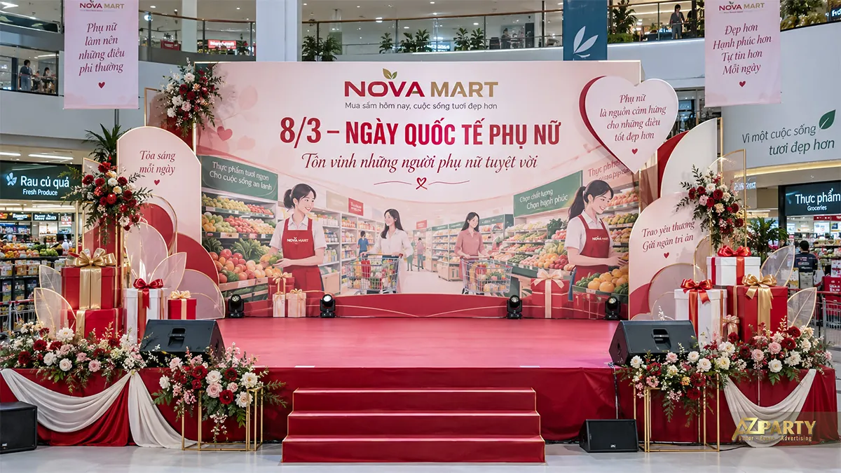 Sân khấu đỏ kem với hình nhân viên siêu thị, trái tim, hộp quà và bậc lên đỏ ở giữa