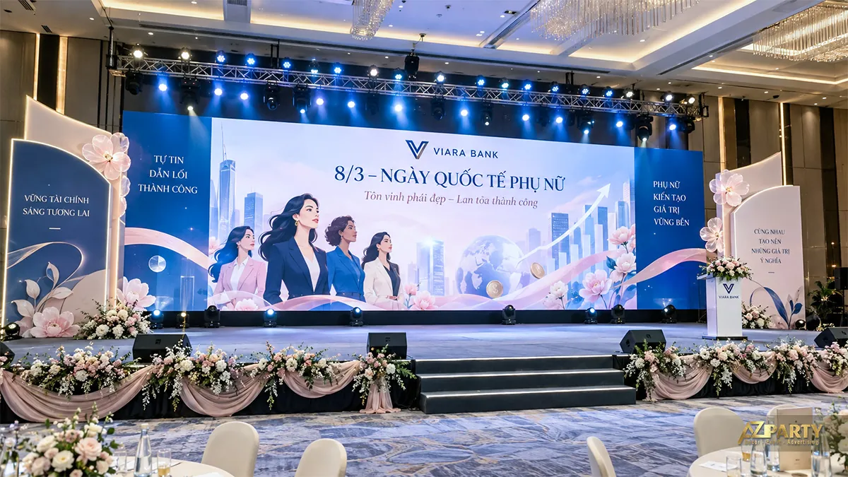 Sân khấu xanh trắng có hình phụ nữ làm tài chính, đường biểu đồ và bậc lên chính giữa