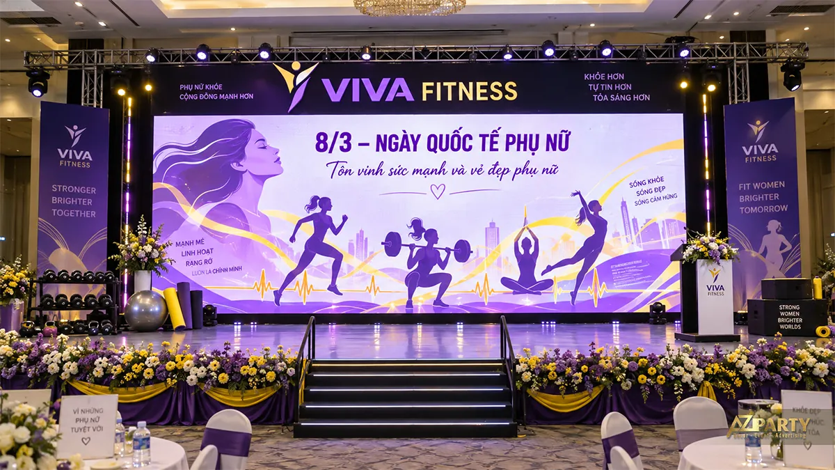 Sân khấu vàng tím minh họa chạy bộ, tập tạ và yoga, bên trái đặt tạ, bóng và thảm tập