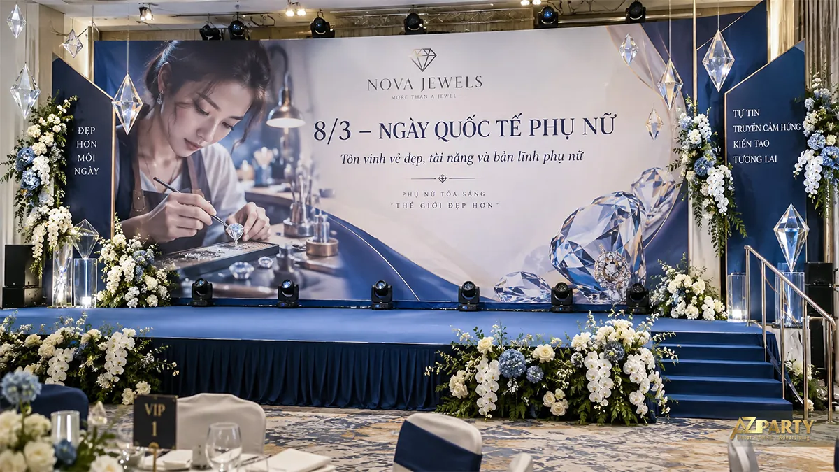 Sân khấu xanh kem chủ đề trang sức với hình phụ nữ chế tác, mô hình kim cương treo và hoa xanh trắng