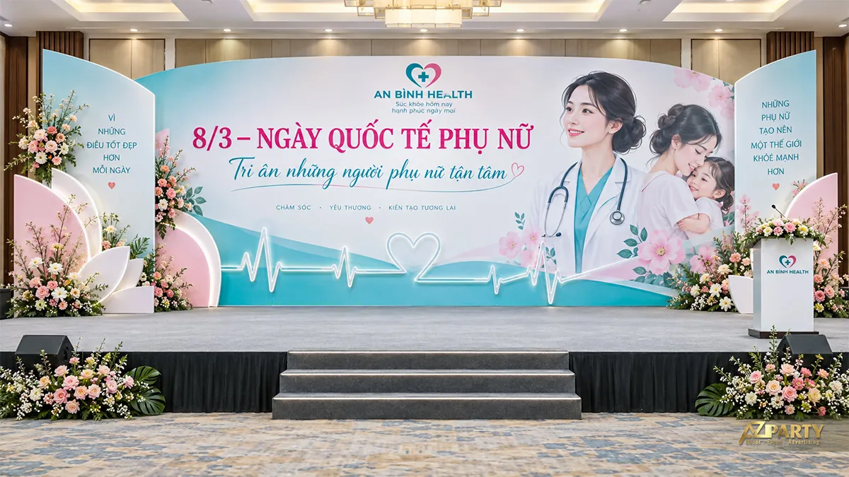 Phông nền xanh trắng có nữ bác sĩ, mẹ và bé, đường nhịp tim cùng hoa hồng trắng hai bên