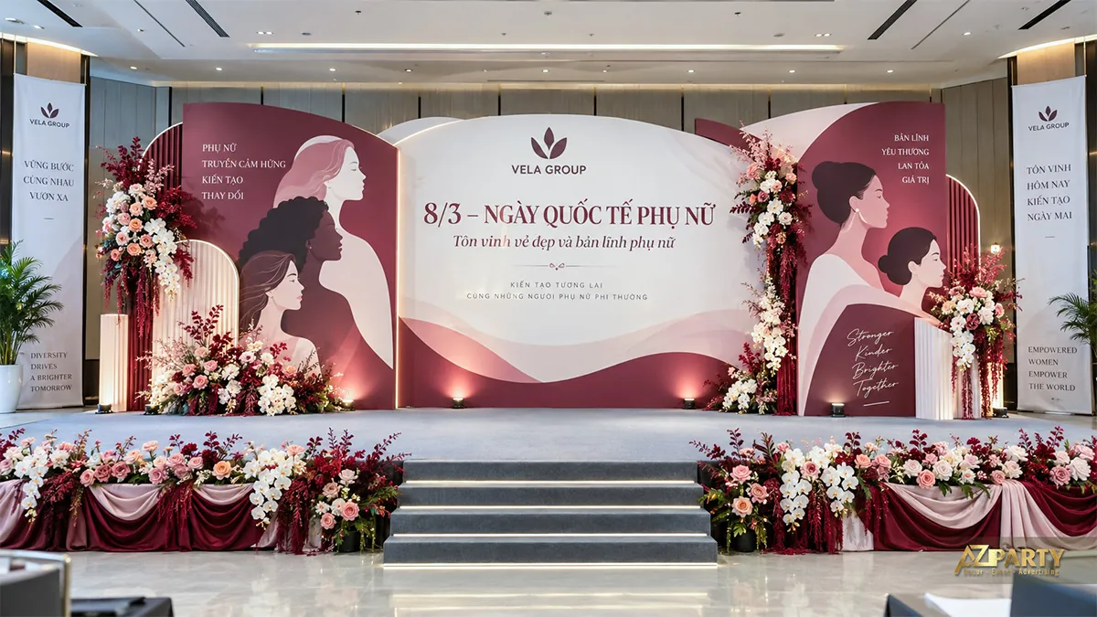 Phông nền kem đỏ rượu vang với khung vòm, chân dung phụ nữ hai bên và bậc lên ở giữa
