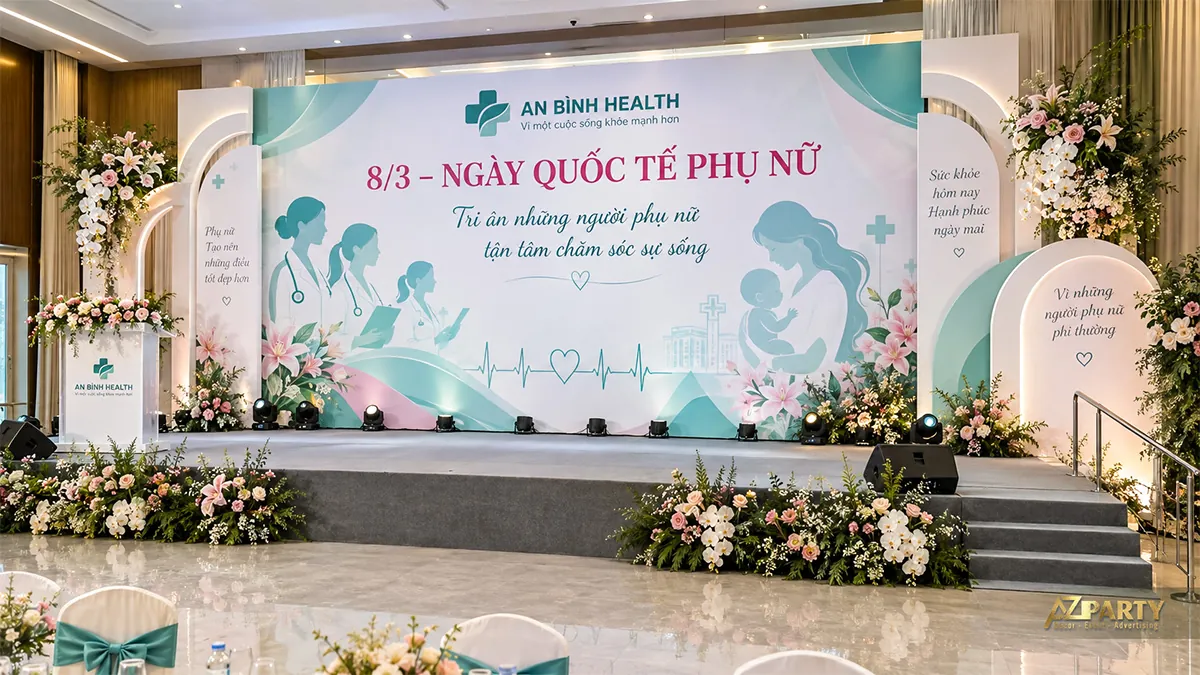 Sân khấu xanh ngọc với hình nhân viên y tế và mẹ bế con, bục phát biểu bên trái và vòm nền nhiều lớp