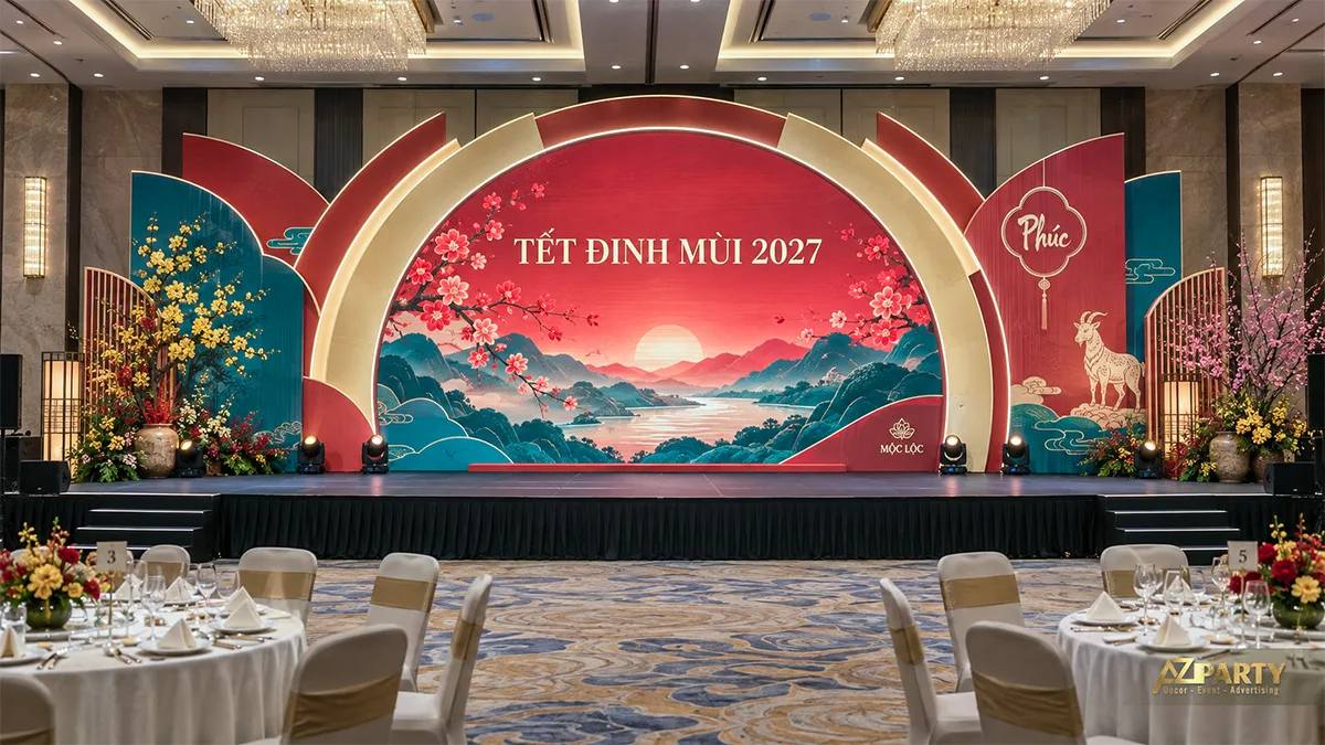 Sân khấu tiệc cuối năm với khung vòng đỏ kem, tranh núi sông và hoa đào