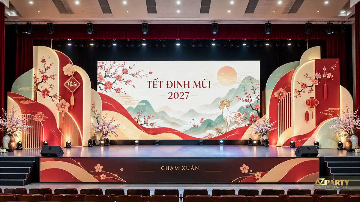 Sân khấu hội trường với màn hình LED, vách cong đỏ kem và hoa đào
