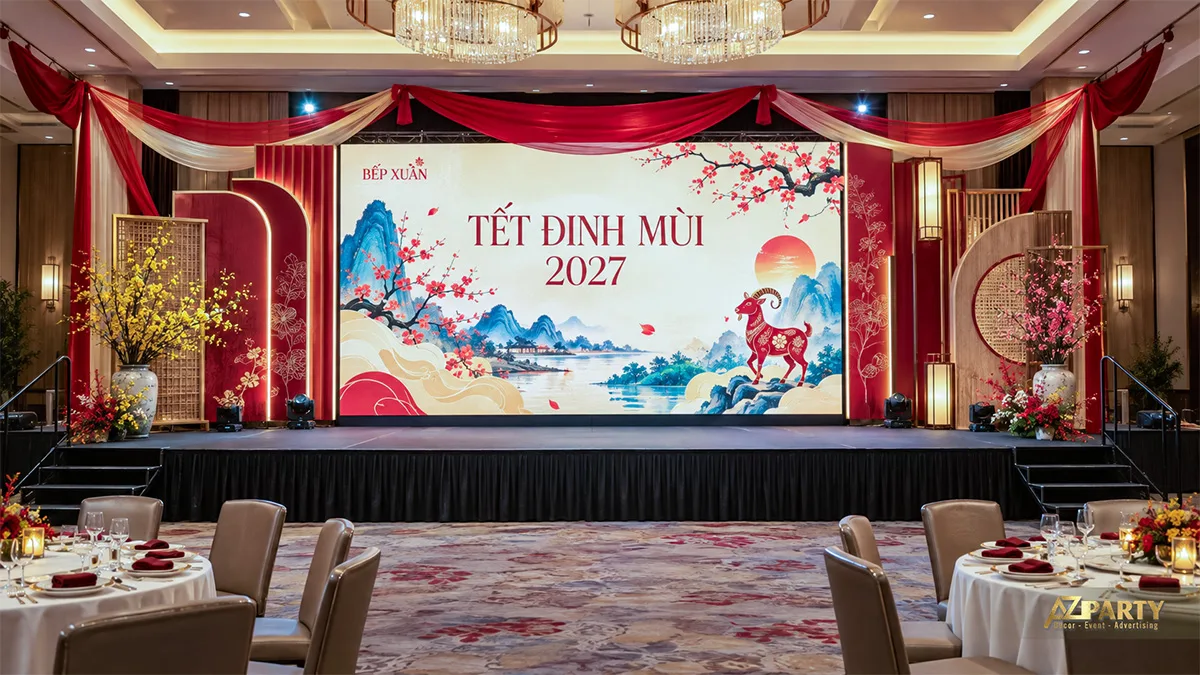 Sân khấu tiệc với màn hình phong cảnh, màn vải đỏ kem và vách mây tre