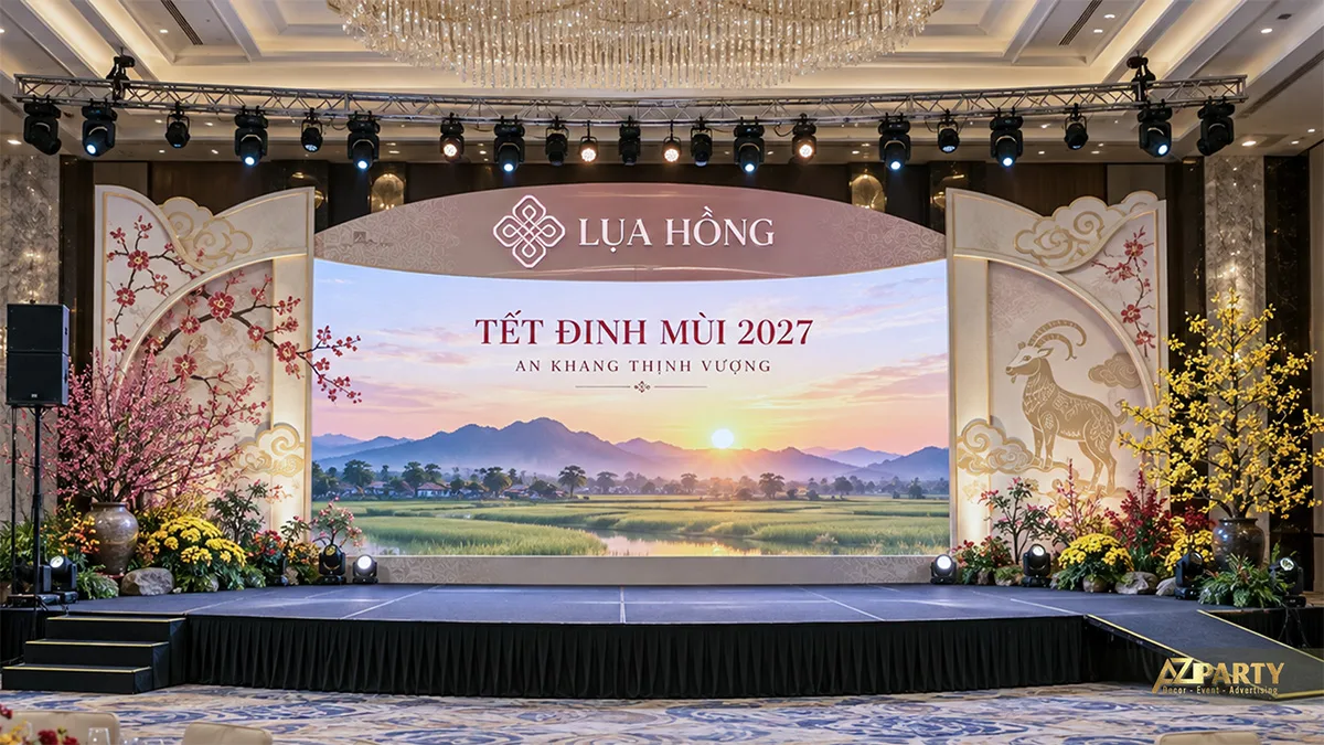 Sân khấu tông kem hồng có khung mây, hoa đào, hoa mai và minh họa đồng quê
