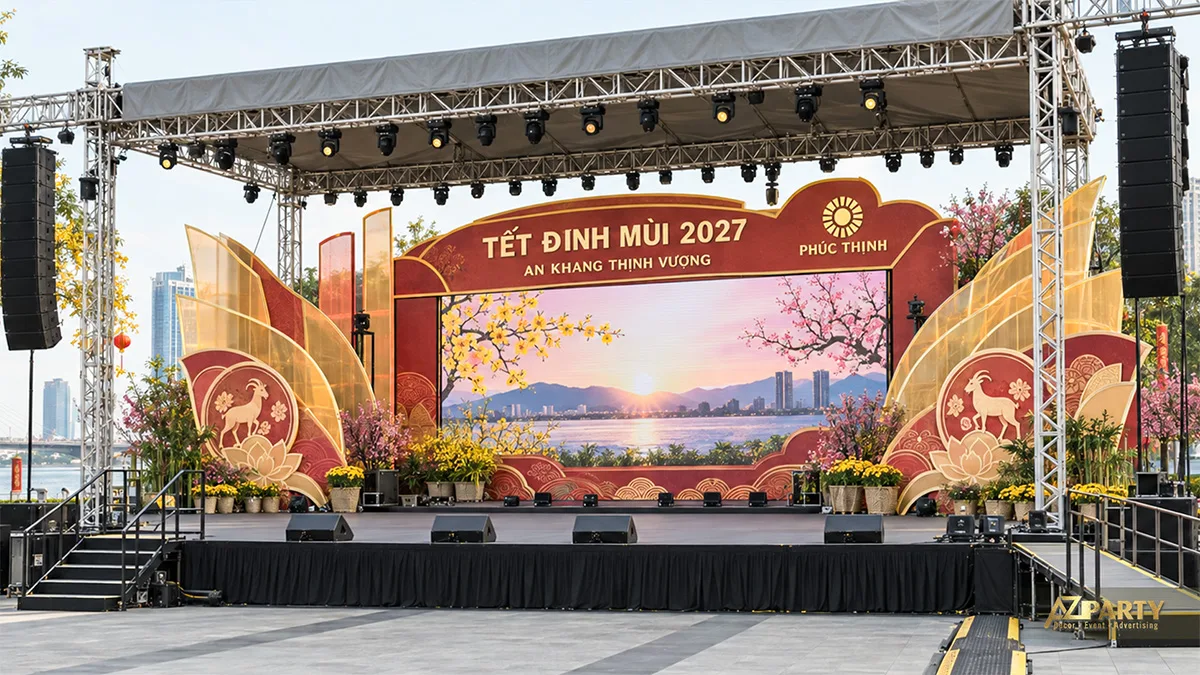 Sân khấu ngoài trời có khung truss, màn hình phong cảnh và cánh hoa cách điệu