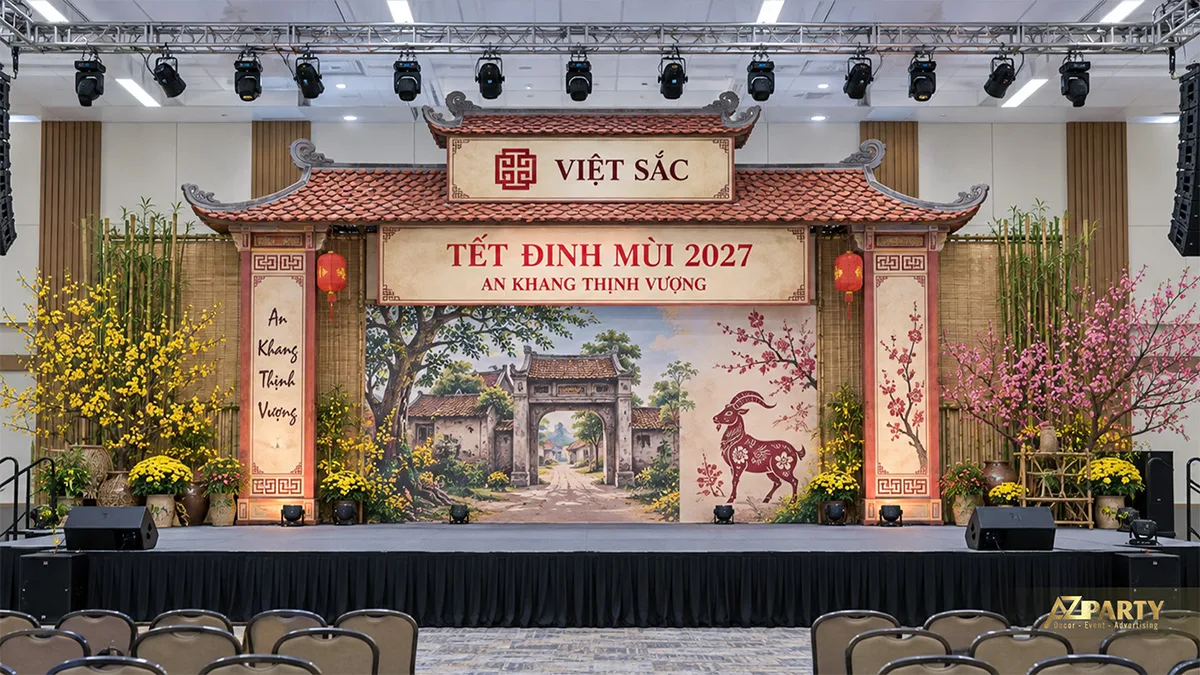 Sân khấu lấy cảm hứng cổng làng với mái ngói, tre và tranh làng quê