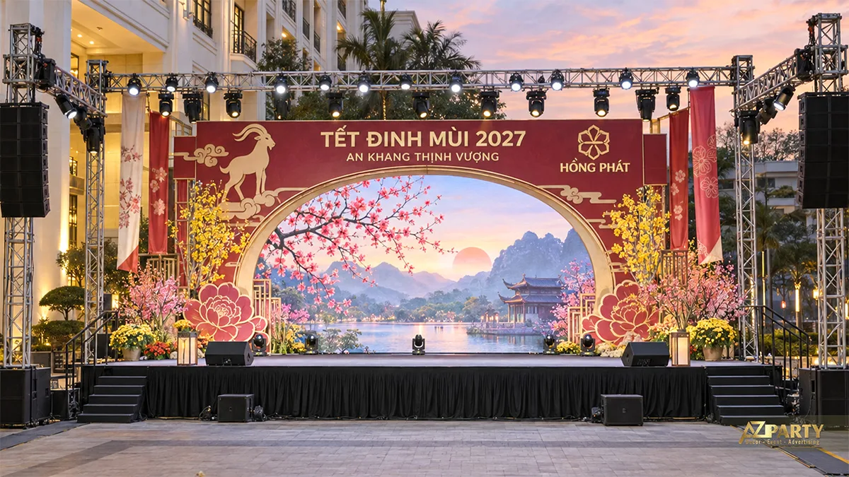 Sân khấu ngoài trời với khung truss, cổng vòm lớn và tranh hồ núi