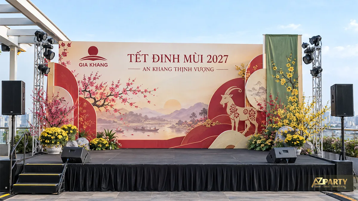 Sân khấu sân thượng với nền kem đỏ, hoa đào, hoa mai và phông cảnh núi
