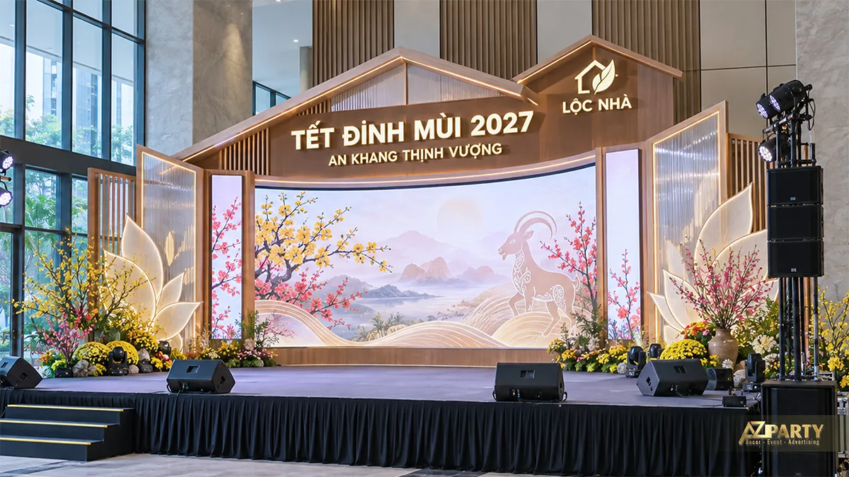 Sân khấu sảnh cao với mặt dựng gỗ mái nhà và màn hình phong cảnh