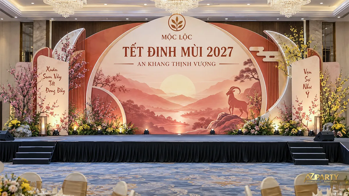 Sân khấu ballroom với vòm lớn tông đào kem và tranh phong cảnh hoàng hôn