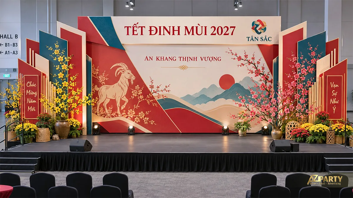 Sân khấu hội trường với các vách cao đỏ xanh, hoa mai đào và núi xa