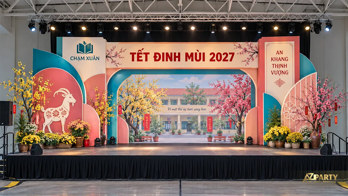 Sân khấu hội trường có khung xanh hồng, hoa mai đào và tranh sân trường