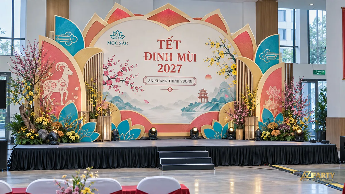 Sân khấu tông kem đỏ xanh với các lớp cánh hoa, đèn đứng và cây xuân