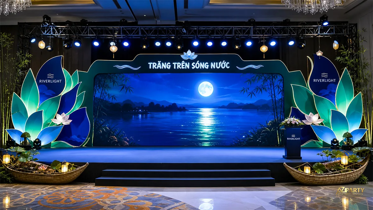 Sân khấu hoa sen xanh bên cảnh sông nước
