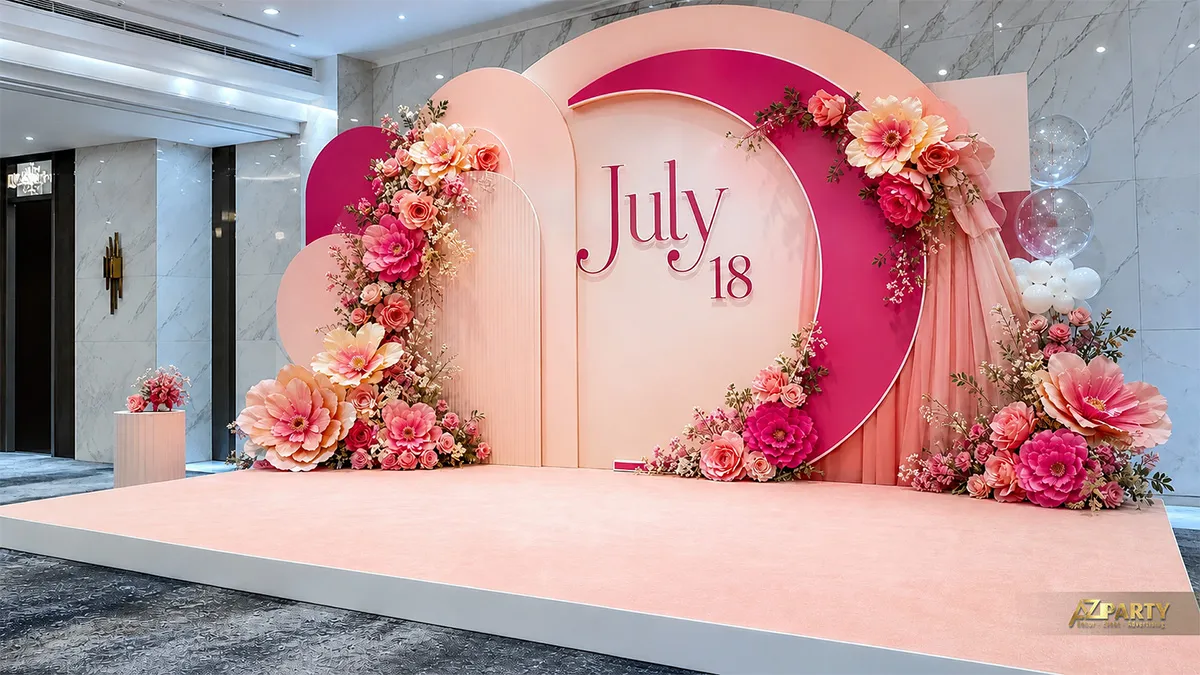 Backdrop sinh nhật 18 tuổi cho July tông hồng đào, phối hoa lớn, rèm vải và số 18.