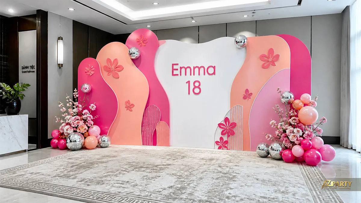 Backdrop sinh nhật 18 tuổi cho Emma tông hồng đậm, phối hoa nổi, bóng hồng và chi tiết ánh bạc.
