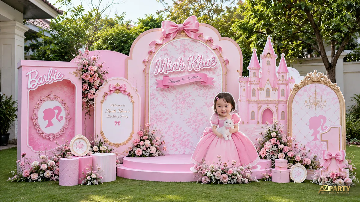 Trang trí sinh nhật Barbie bé Minh Khuê với lâu đài hồng, nơ lớn và vườn hoa