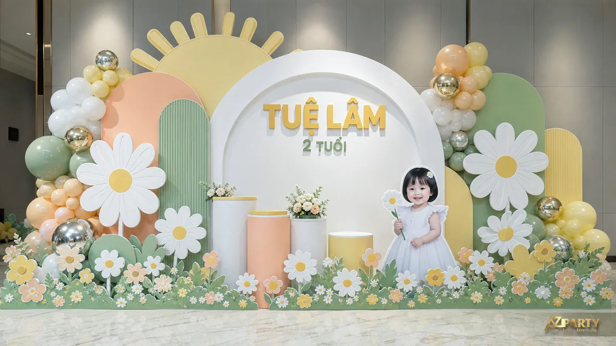 Góc sinh nhật bé Tuệ Lâm màu xanh kem với hoa cúc, mặt trời và vườn hoa thấp