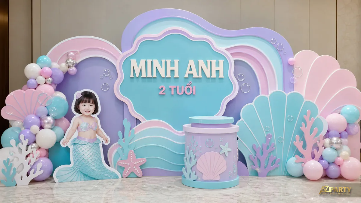 Chủ đề nàng tiên cá tím xanh cho bé Minh Anh với vỏ sò, sao biển và đuôi cá
