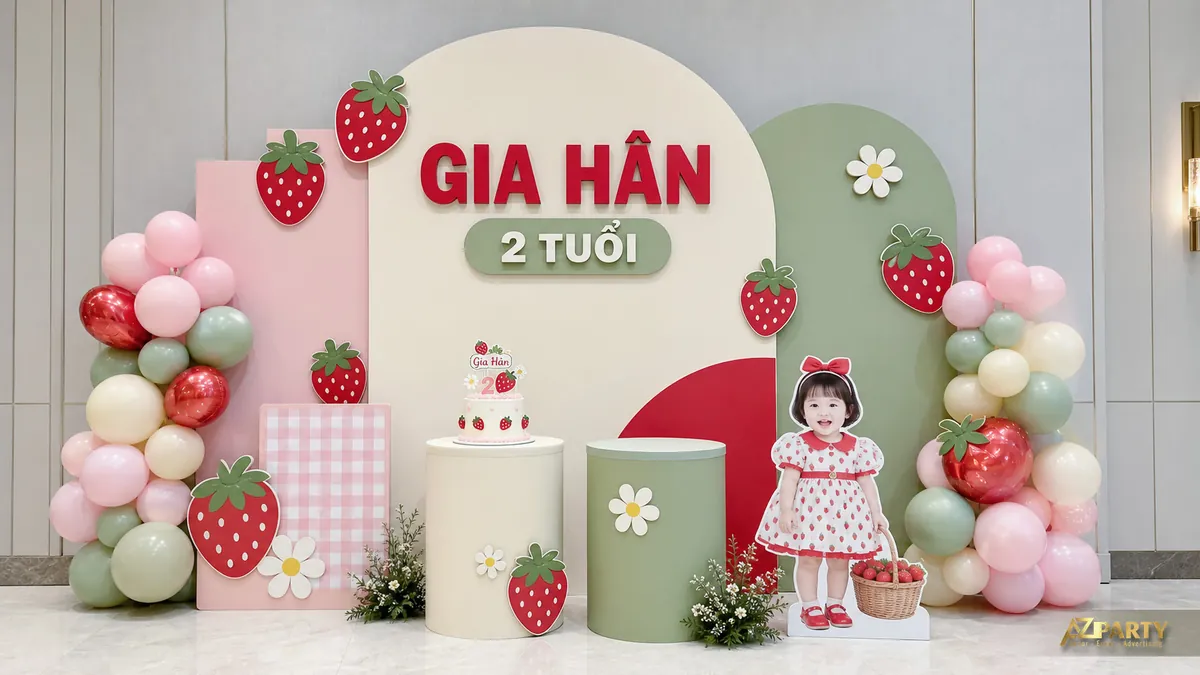 Góc sinh nhật dâu tây cho bé Gia Hân với hoa cúc, bóng hồng xanh và bàn bánh nhỏ