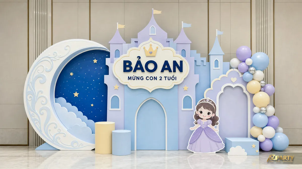 Mẫu lâu đài xanh tím cho bé Bảo An 2 tuổi với công chúa và bầu trời đêm