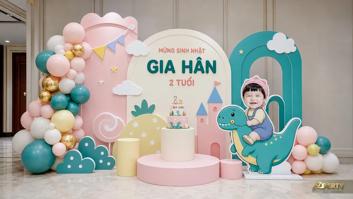 Backdrop khủng long pastel cho bé Gia Hân với núi nhỏ, mây và cụm bóng xanh hồng