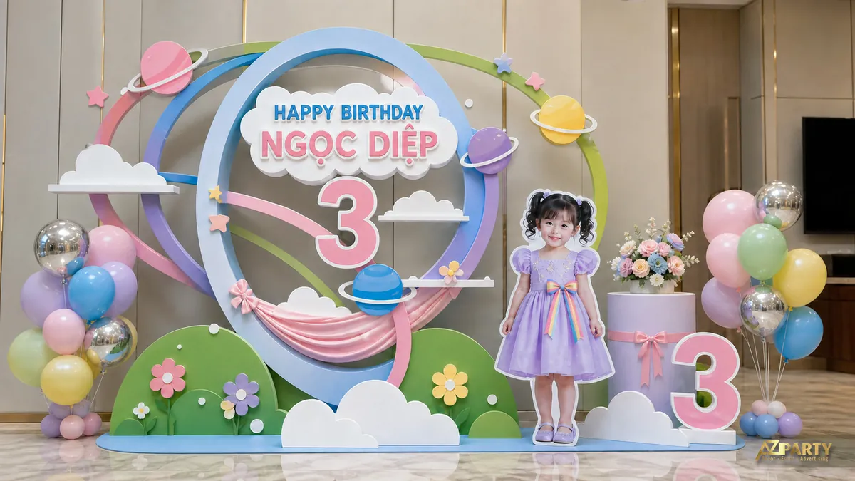 Backdrop vũ trụ pastel cho bé Ngọc Diệp 3 tuổi với hành tinh, tên lửa và vườn hoa nhỏ