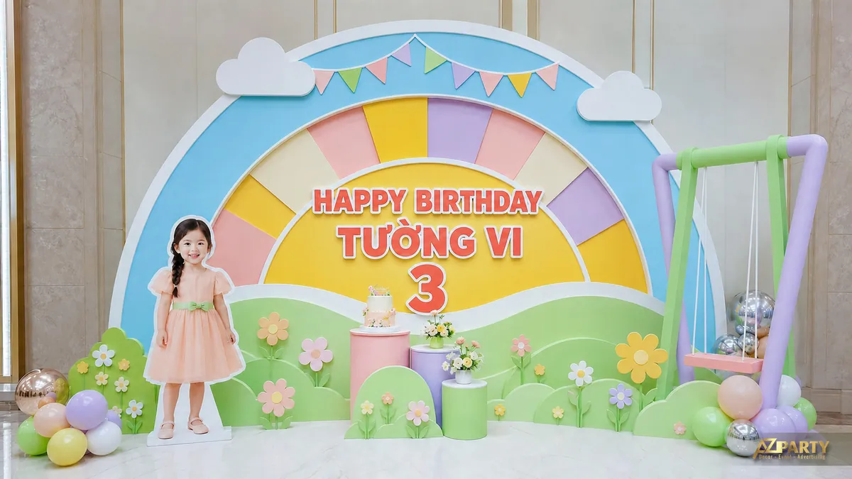 Góc sinh nhật cầu vồng cho bé Tường Vi 3 tuổi với xích đu xanh và cụm bóng nhiều màu