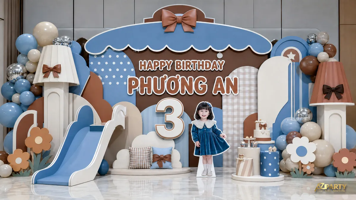 Chủ đề khu vui chơi xanh nâu cho bé Phương An với cầu trượt và hoa trang trí