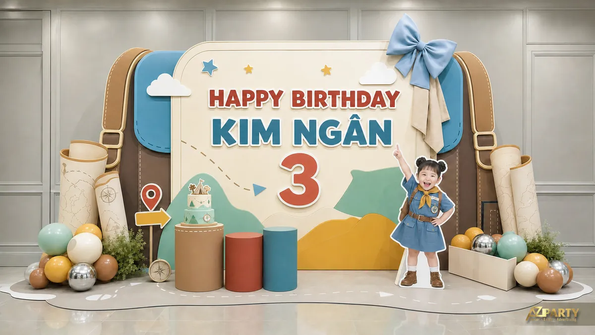 Góc sinh nhật du lịch cho bé Kim Ngân 3 tuổi với bản đồ, vali và cột chỉ đường