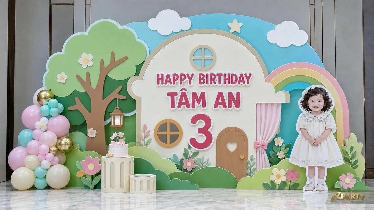 Mẫu ngôi nhà trong vườn cho bé Tâm An với cây lớn, cầu vồng và cửa vòm màu hồng