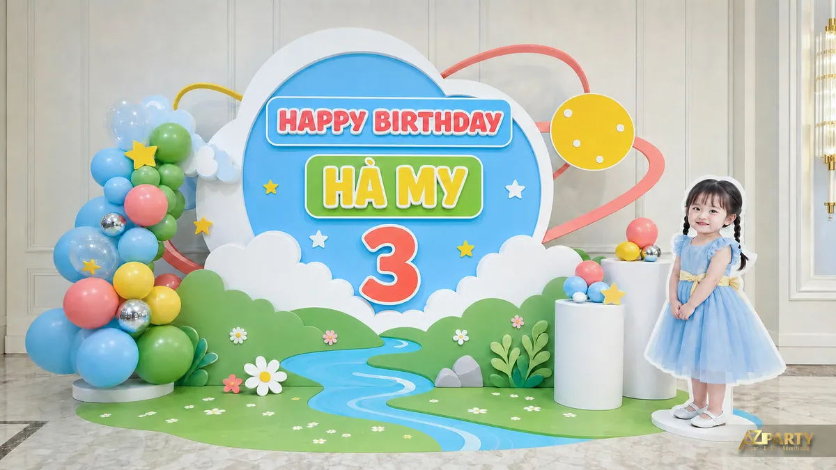 Khung cảnh cầu vồng xanh cho bé Hà My 3 tuổi với dòng suối, cây nhỏ và bóng nhiều màu