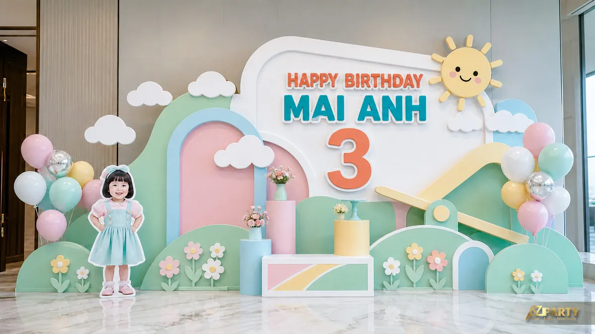Góc tiệc pastel cho bé Mai Anh 3 tuổi với mặt trời, đồi xanh và những khóm hoa